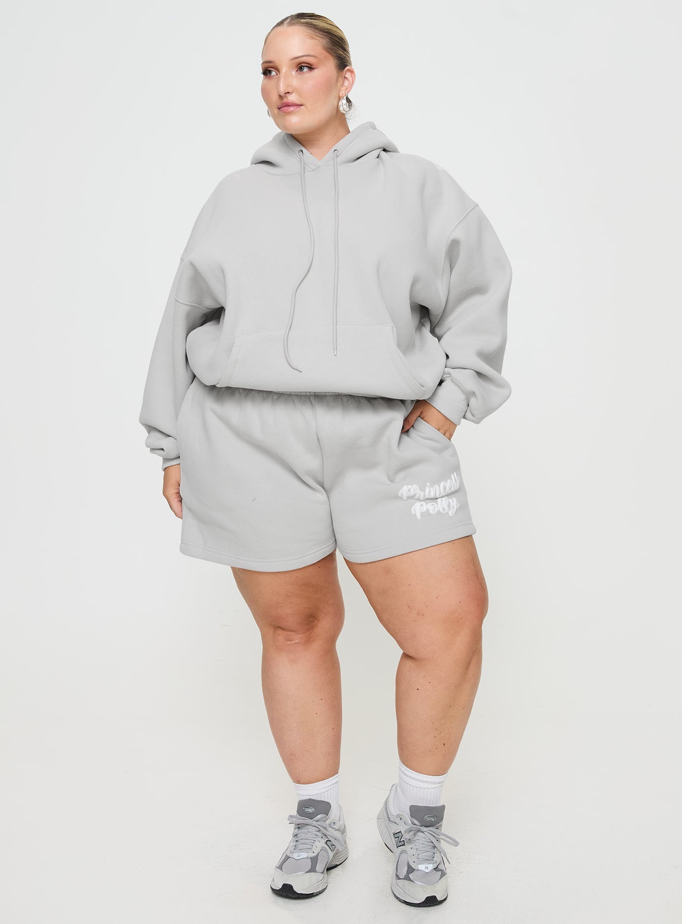 Princess Polly Hooded Sweatshirt Puff Text Grey Curve