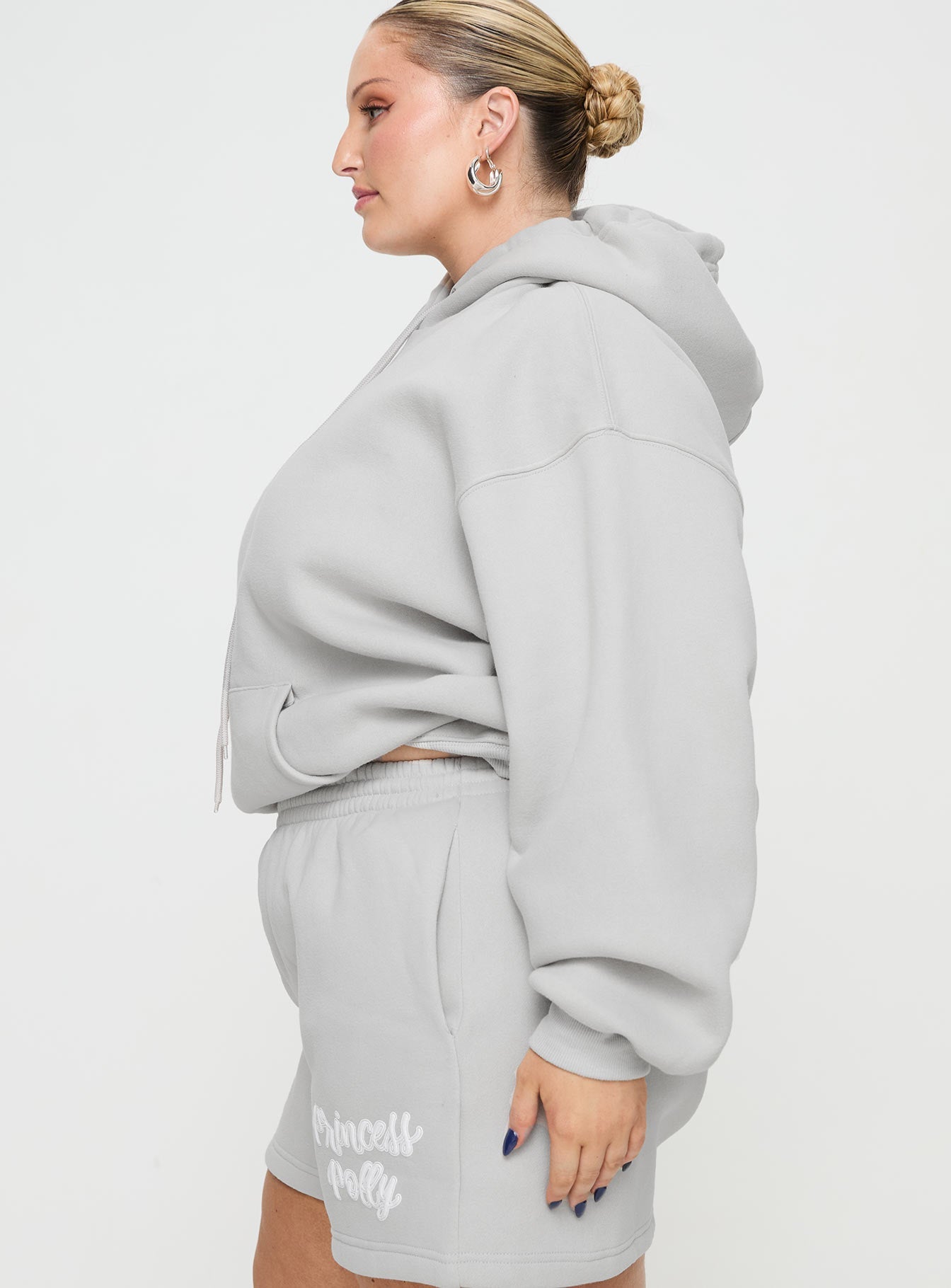 Princess Polly Hooded Sweatshirt Puff Text Grey Curve