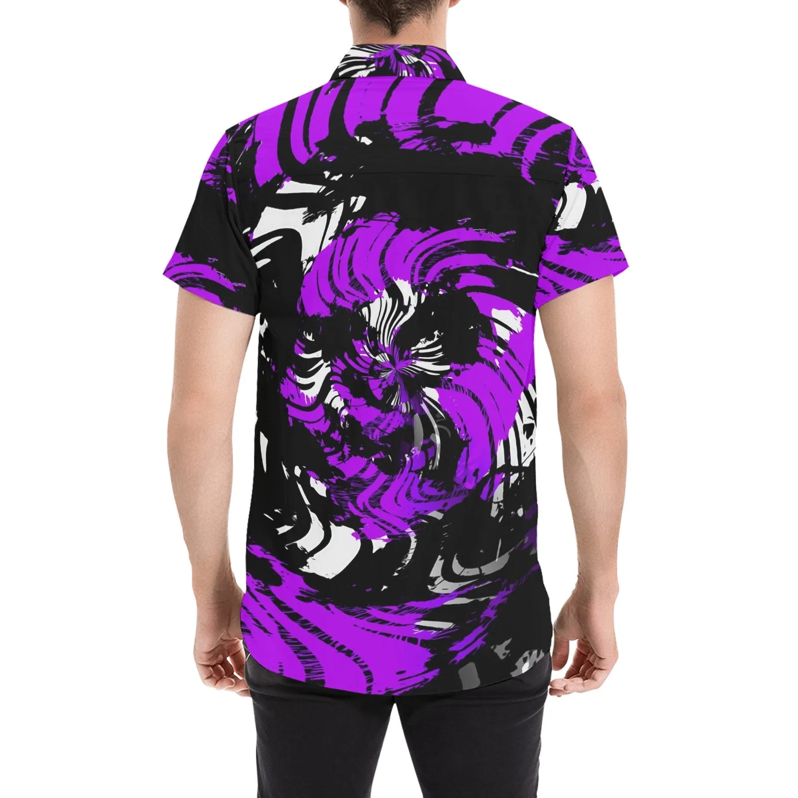 Psychedelic Purple Hypno Rave Zebra Short Sleeve Button Up Shirt