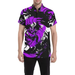 Psychedelic Purple Hypno Rave Zebra Short Sleeve Button Up Shirt