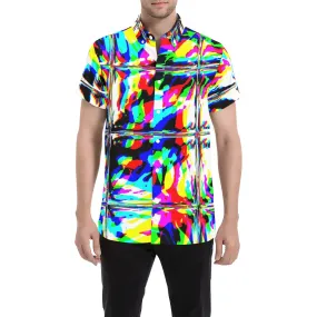 Psychedelic Rave Glitch Tiles Rainbow Plaid Men's Big & Tall Short Sleeve Button Up Shirt