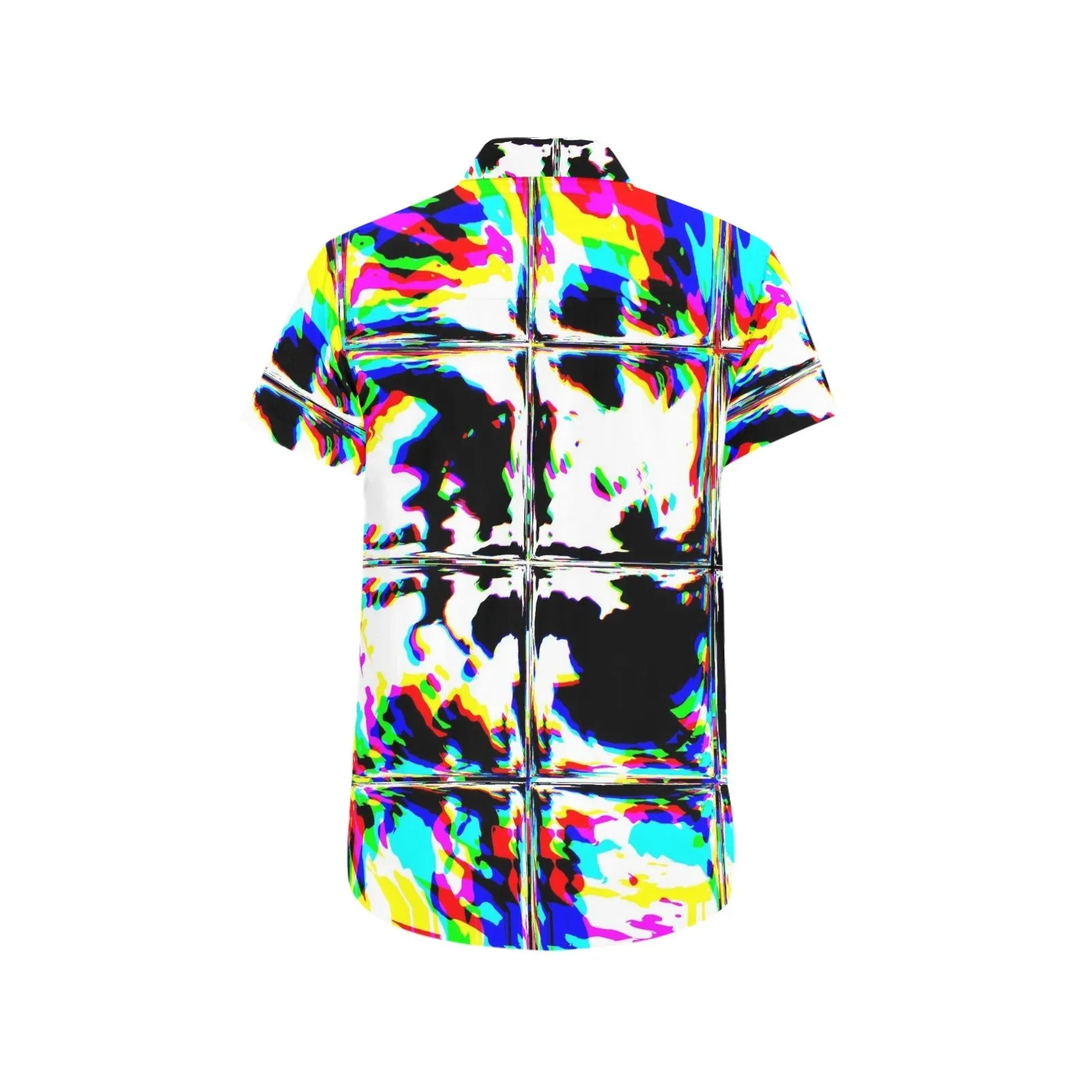 Psychedelic Rave Glitch Tiles Rainbow Plaid Men's Big & Tall Short Sleeve Button Up Shirt