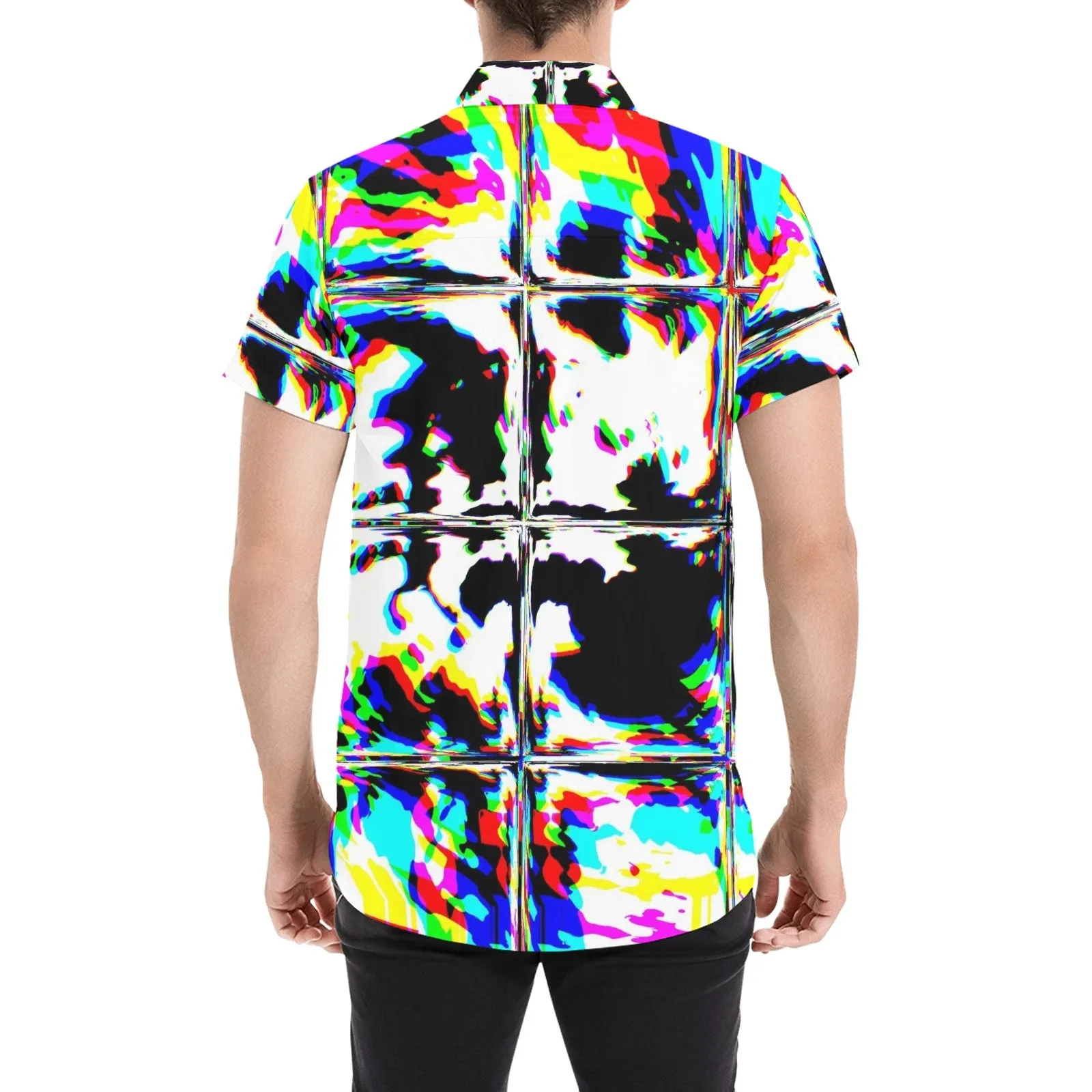 Psychedelic Rave Glitch Tiles Rainbow Plaid Short Sleeve Button Up Shirt