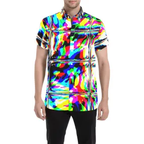 Psychedelic Rave Glitch Tiles Rainbow Plaid Short Sleeve Button Up Shirt