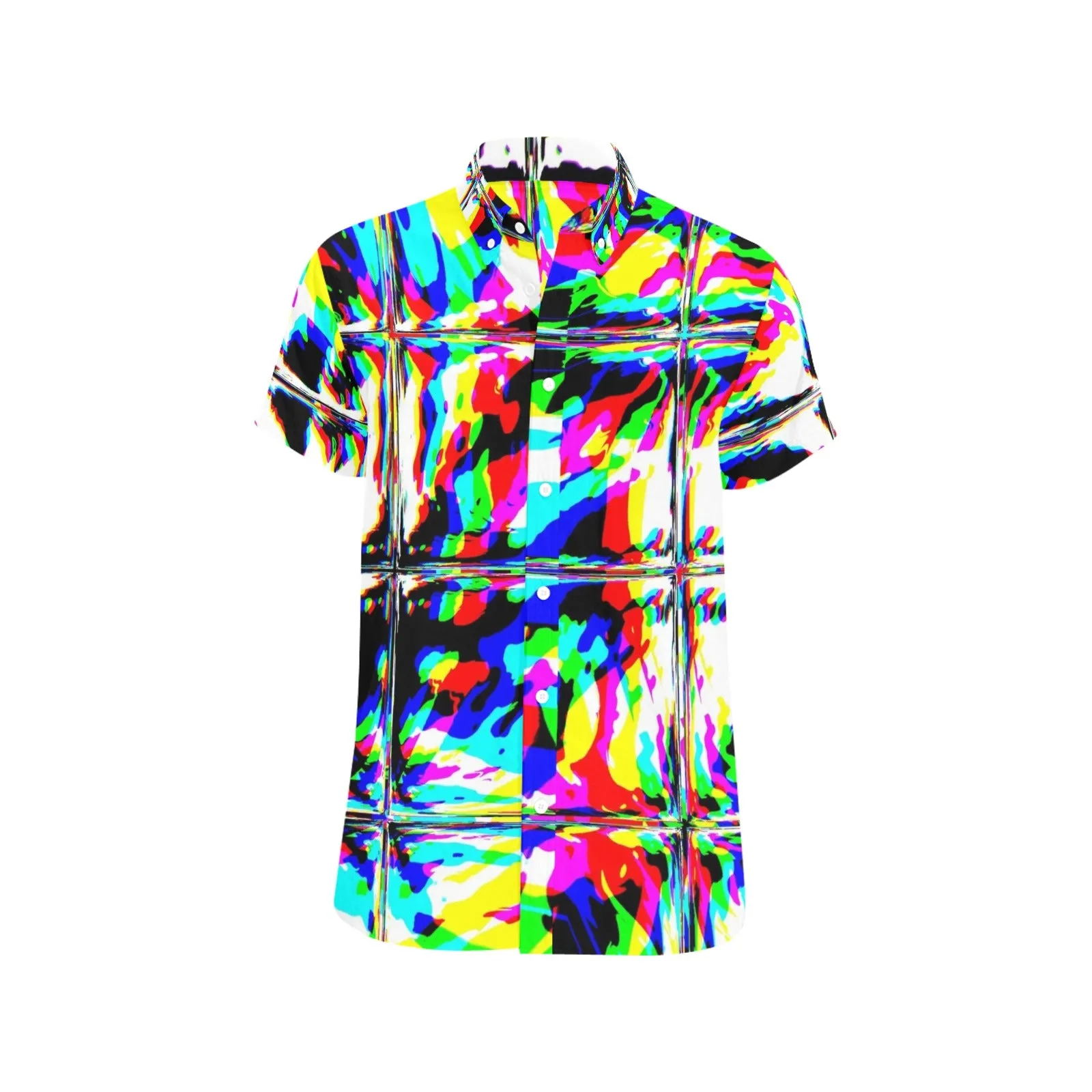 Psychedelic Rave Glitch Tiles Rainbow Plaid Short Sleeve Button Up Shirt