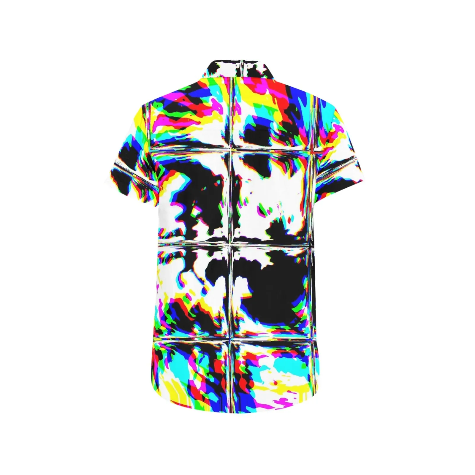 Psychedelic Rave Glitch Tiles Rainbow Plaid Short Sleeve Button Up Shirt