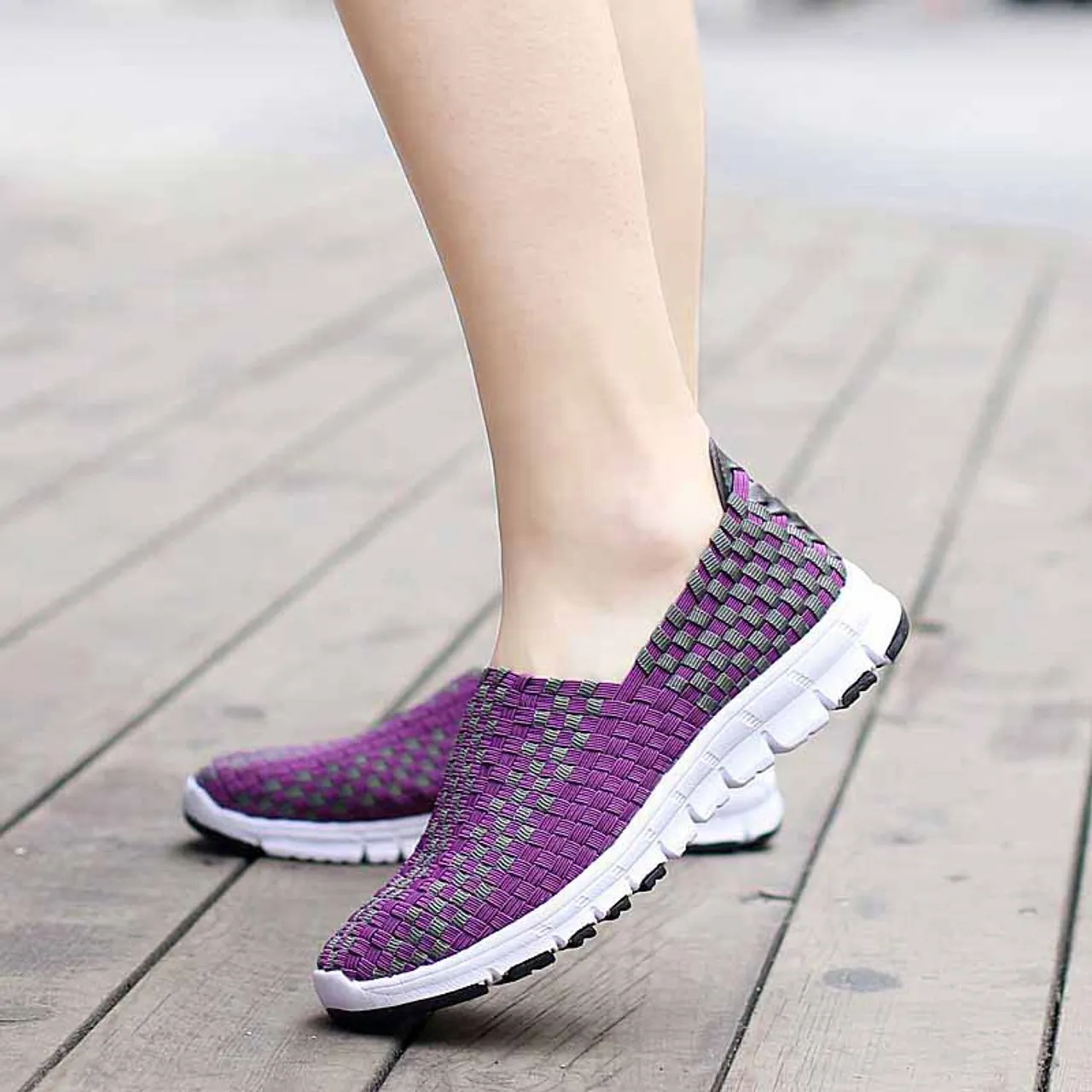 Purple check weave casual slip on shoe sneaker