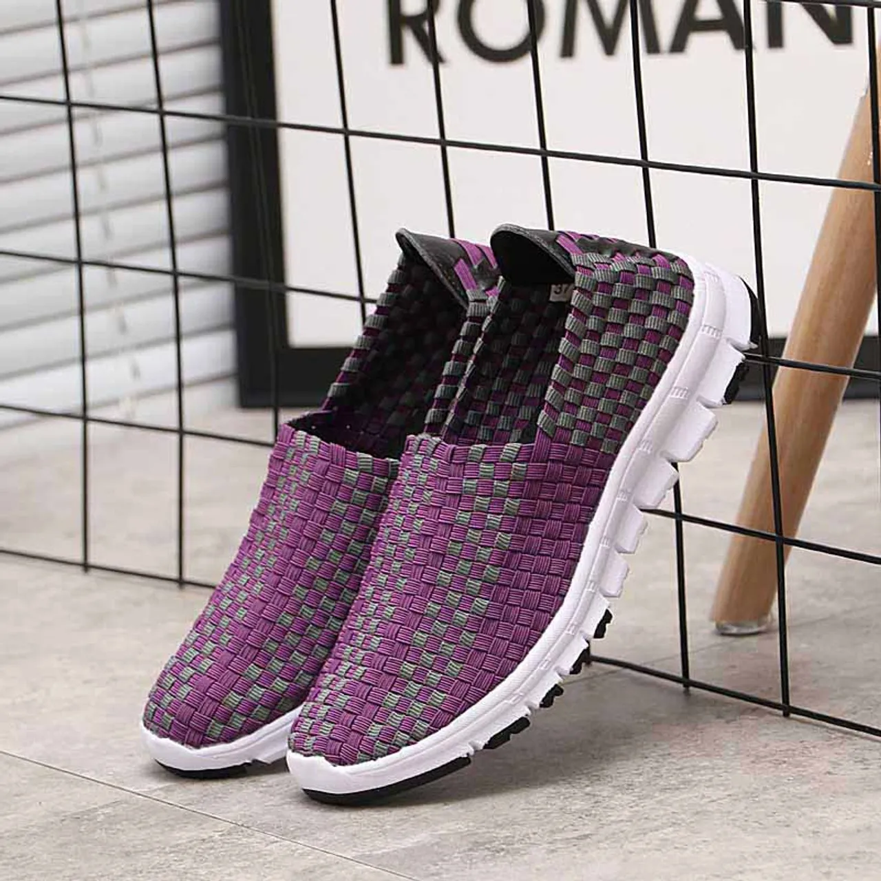 Purple check weave casual slip on shoe sneaker