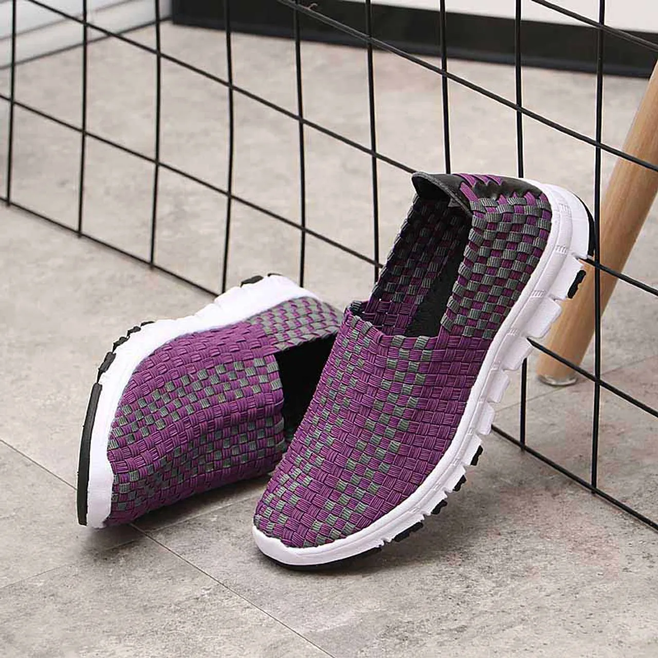 Purple check weave casual slip on shoe sneaker