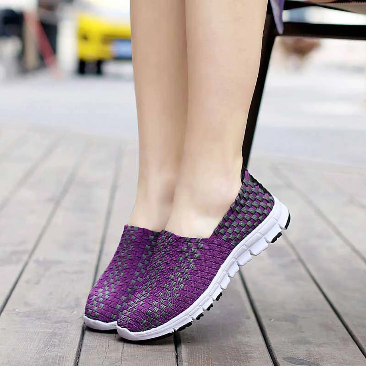 Purple check weave casual slip on shoe sneaker