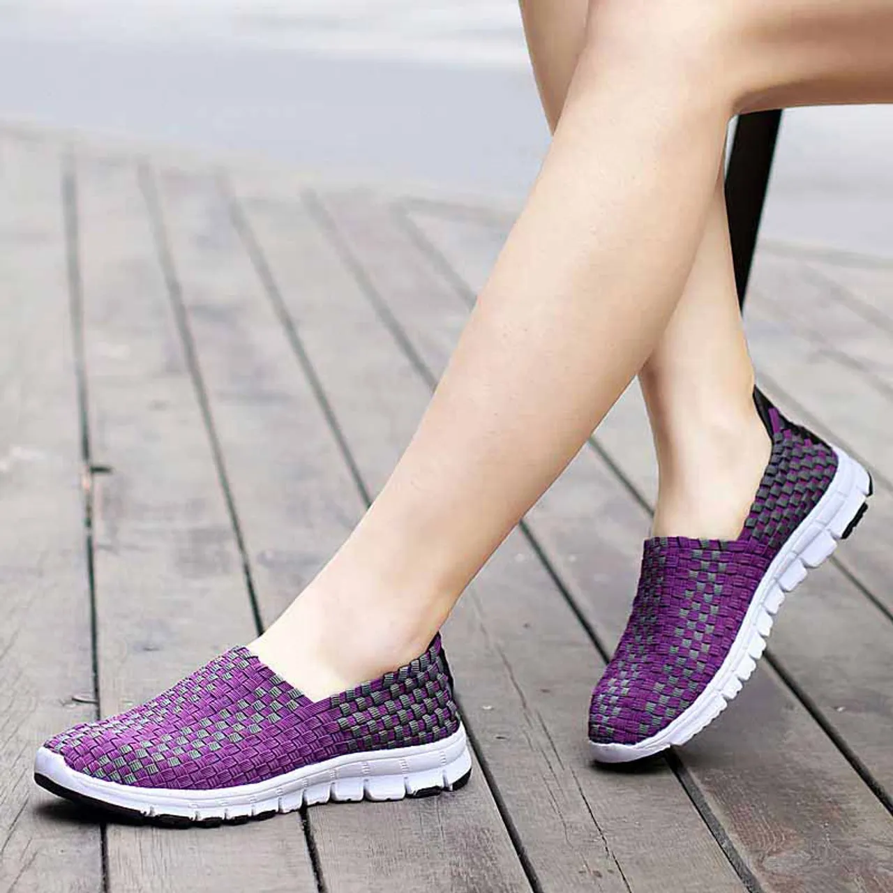 Purple check weave casual slip on shoe sneaker