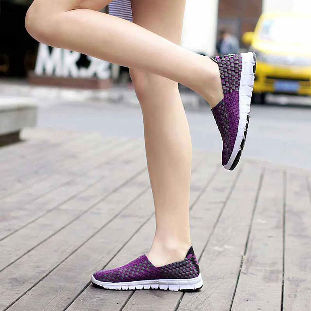 Purple check weave casual slip on shoe sneaker