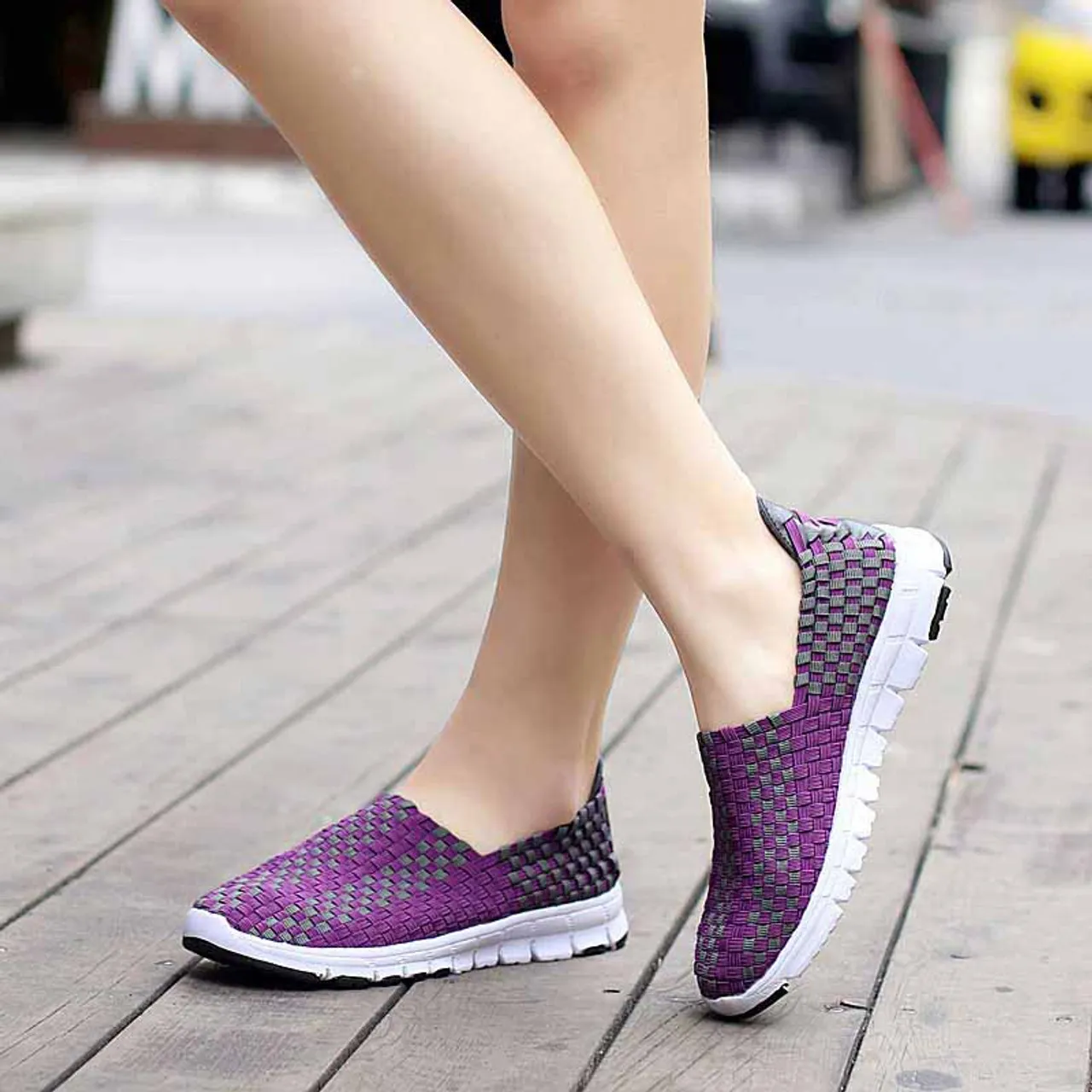 Purple check weave casual slip on shoe sneaker