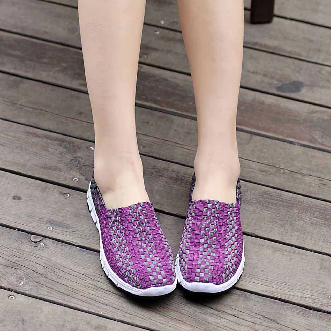 Purple check weave casual slip on shoe sneaker