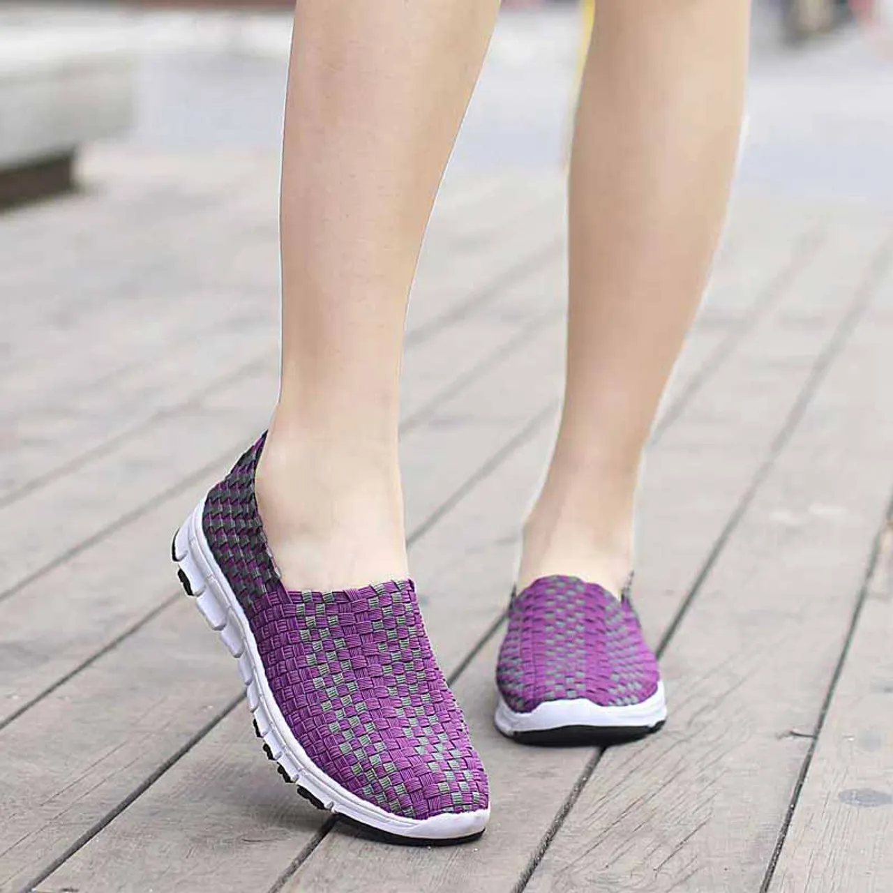 Purple check weave casual slip on shoe sneaker