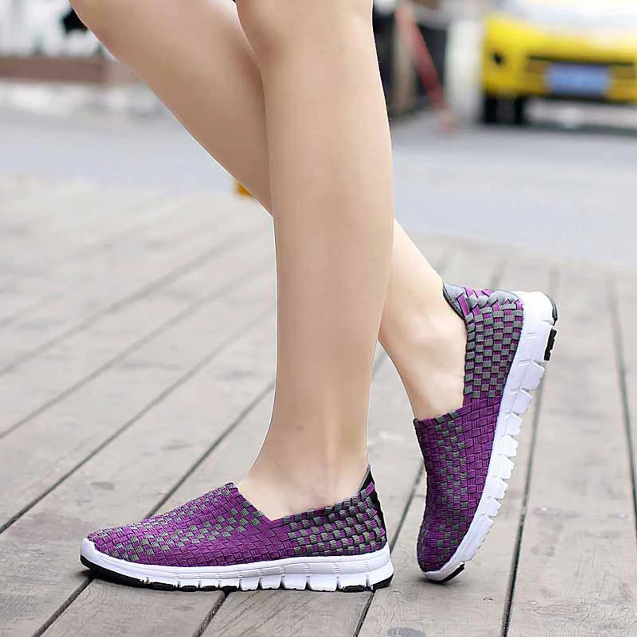 Purple check weave casual slip on shoe sneaker