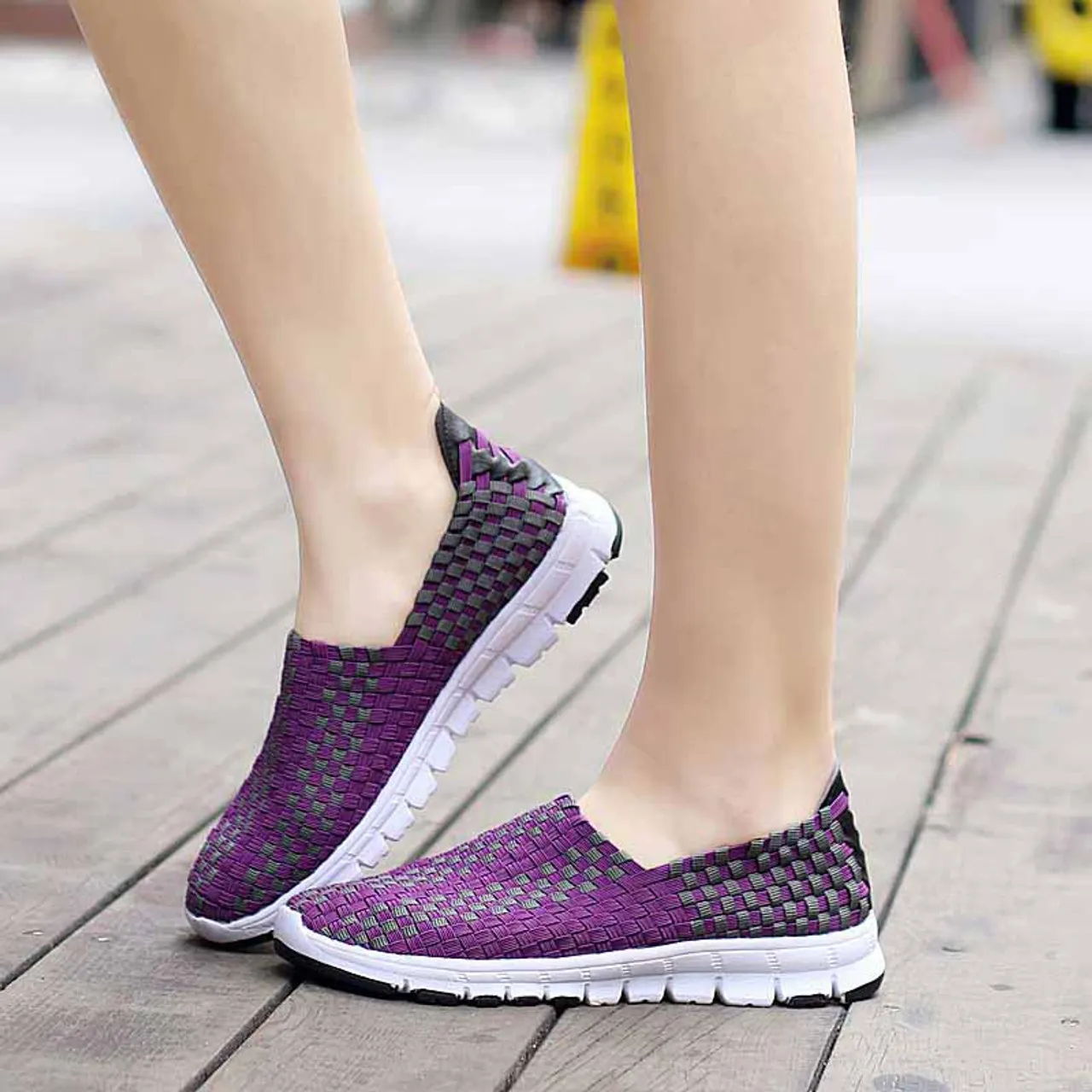 Purple check weave casual slip on shoe sneaker