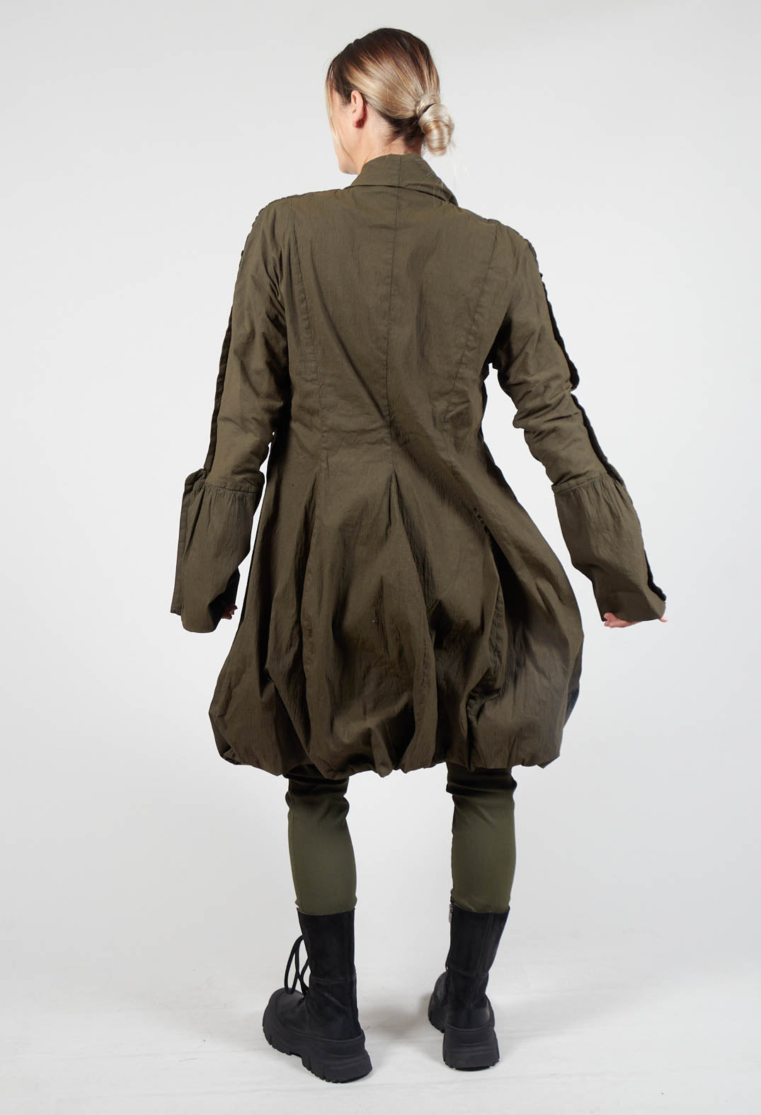 Ruched Fabric Collar Coat With Statement Sleeves in Khaki