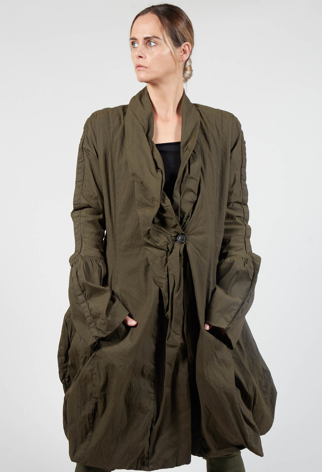 Ruched Fabric Collar Coat With Statement Sleeves in Khaki