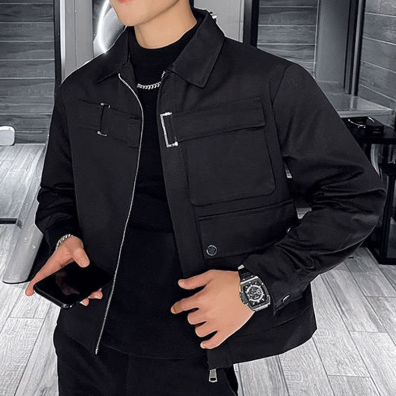 Solid Color Polyester Big Pocket Casual Slim Fit Jacket for Men