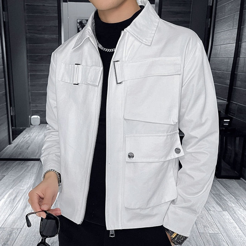 Solid Color Polyester Big Pocket Casual Slim Fit Jacket for Men