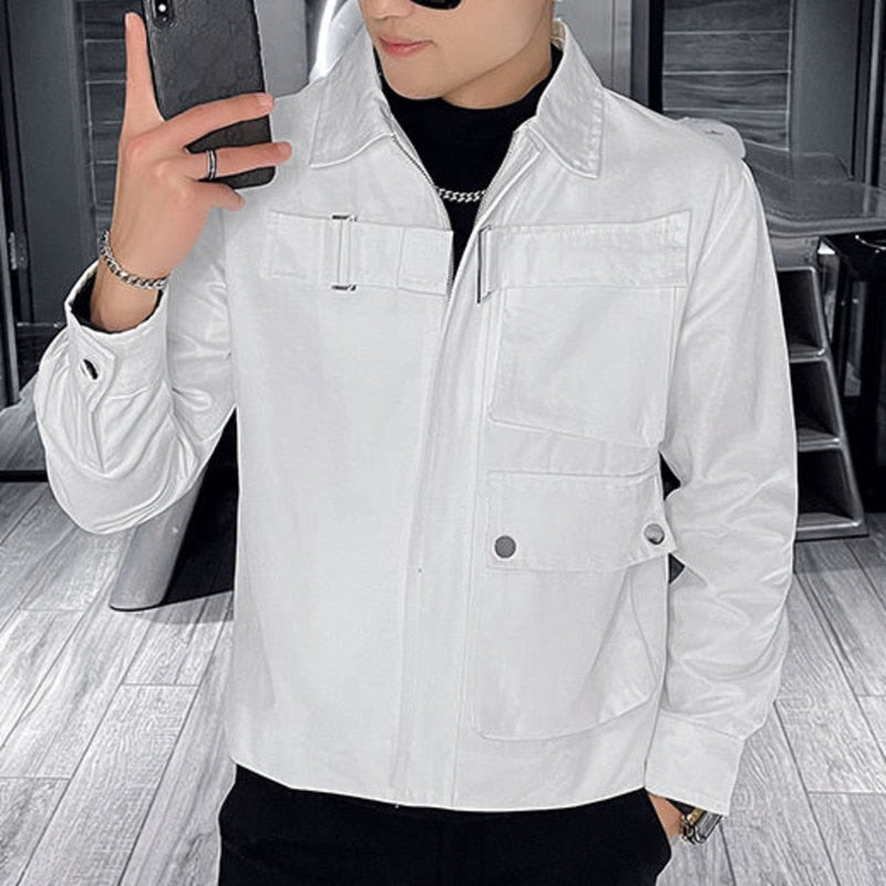 Solid Color Polyester Big Pocket Casual Slim Fit Jacket for Men