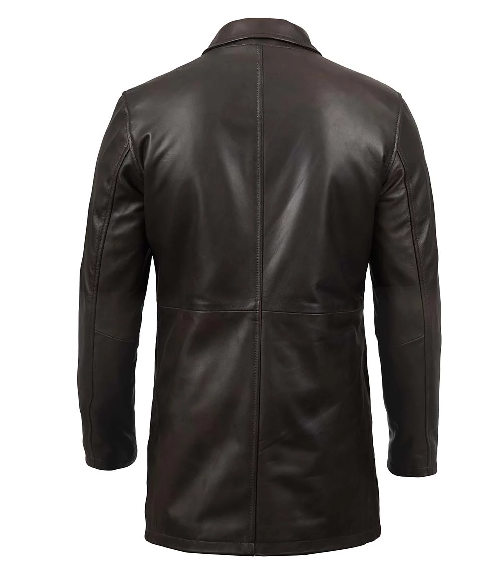 Tall Men's Distressed Dark Brown Leather Car Coat