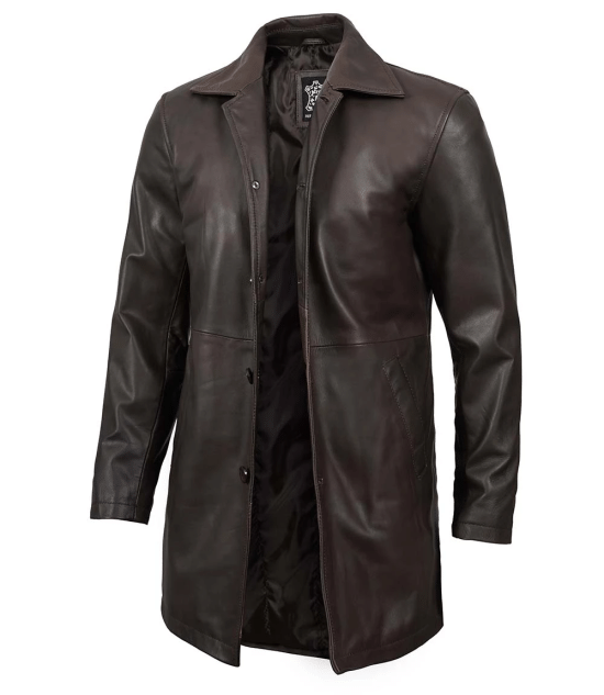 Tall Men's Distressed Dark Brown Leather Car Coat