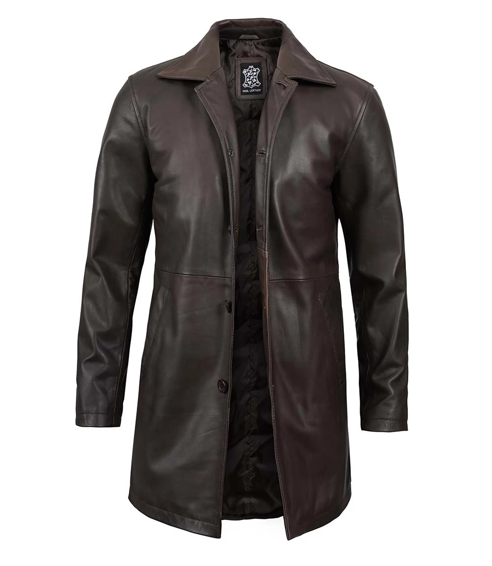 Tall Men's Distressed Dark Brown Leather Car Coat