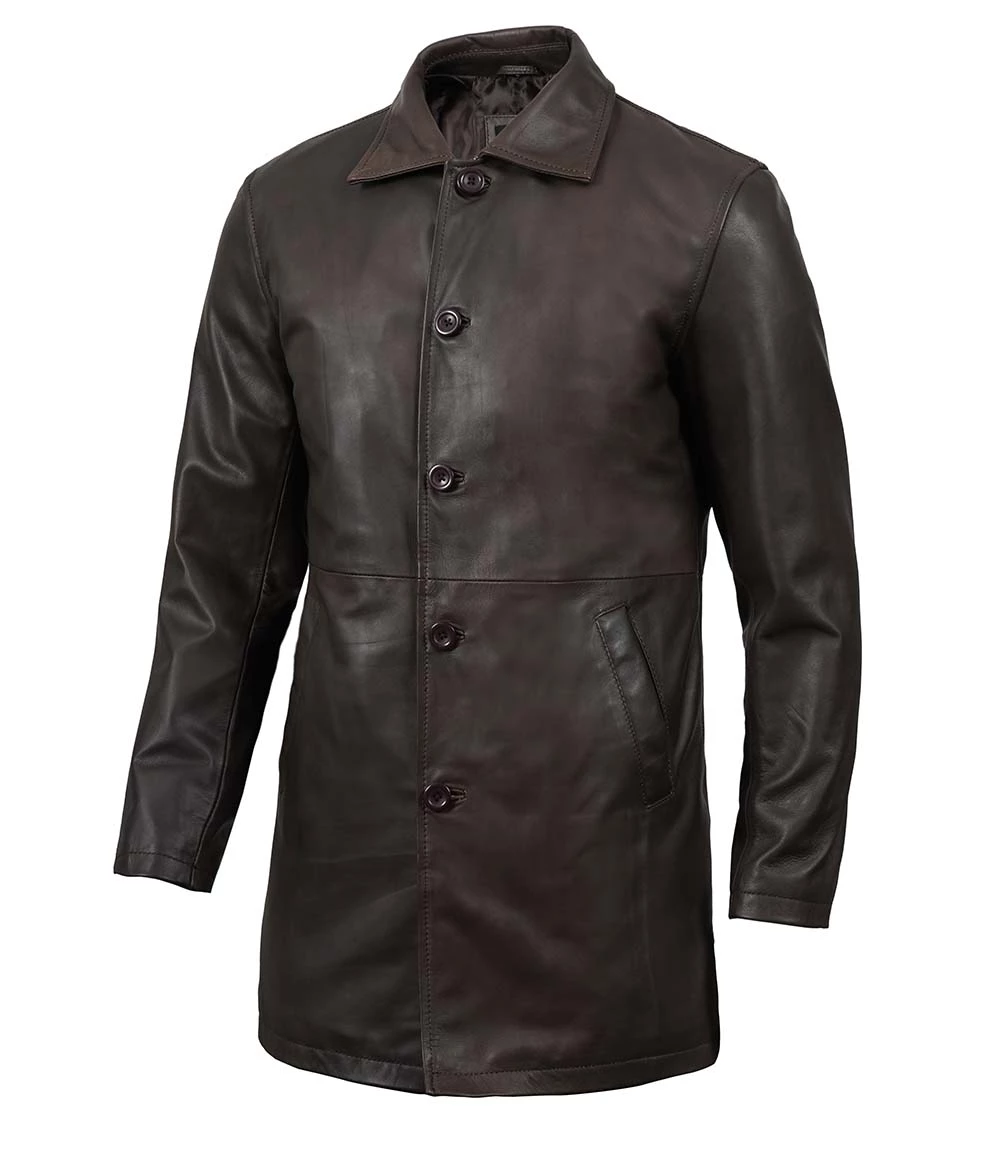 Tall Men's Distressed Dark Brown Leather Car Coat