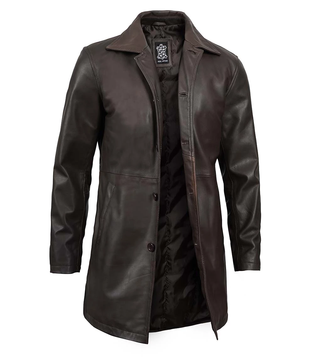 Tall Men's Distressed Dark Brown Leather Car Coat