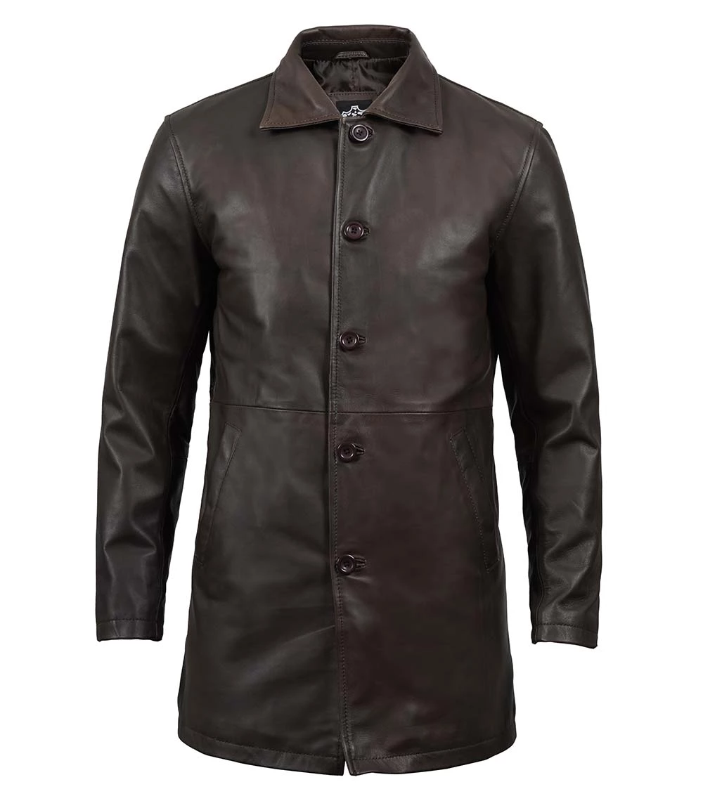 Tall Men's Distressed Dark Brown Leather Car Coat