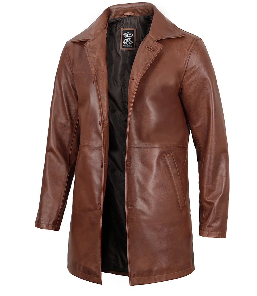 Tan Men's Distressed 3/4 Length Leather Car Coat