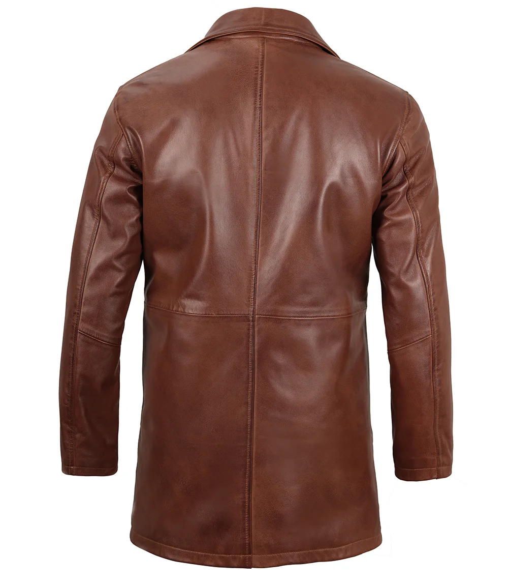 Tan Men's Distressed 3/4 Length Leather Car Coat