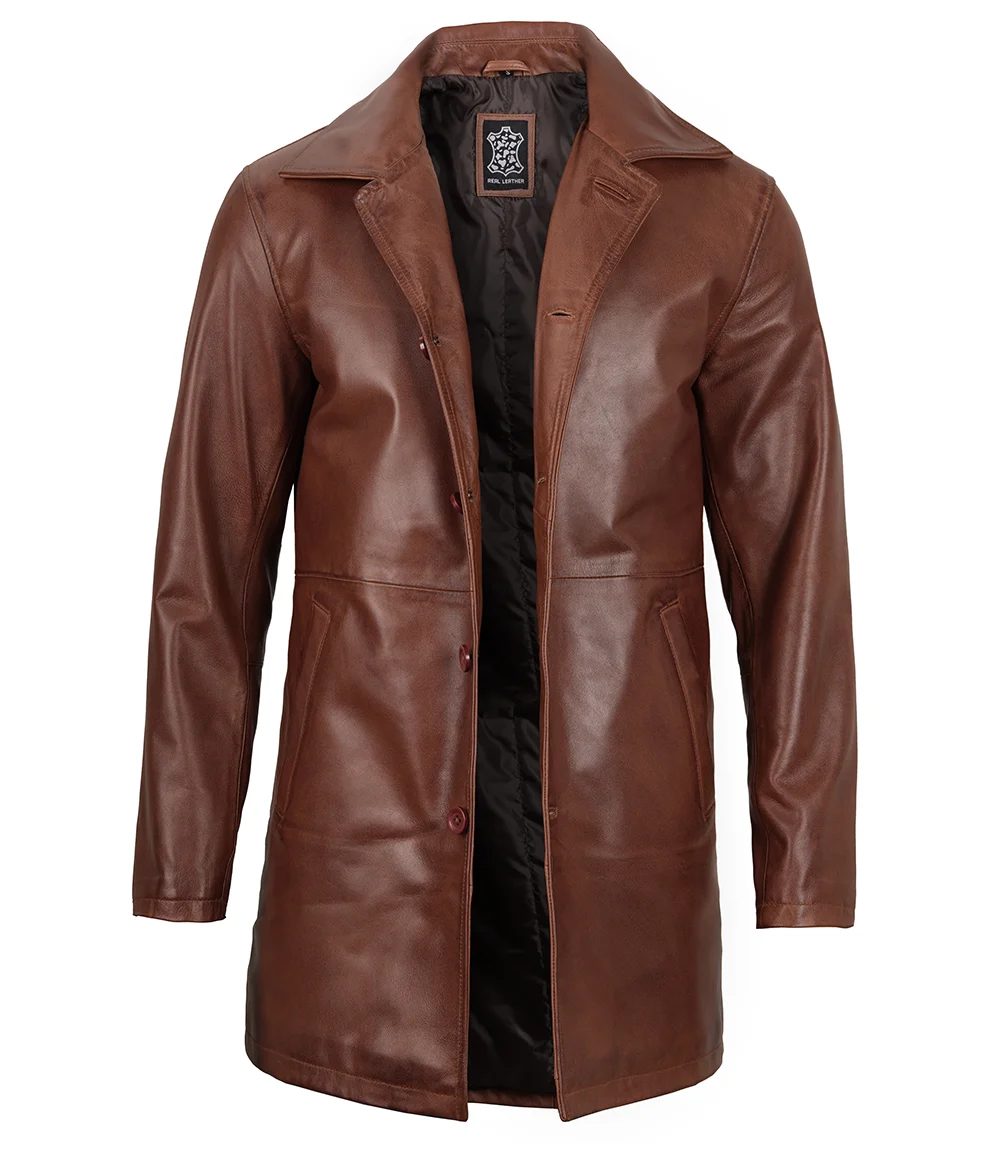 Tan Men's Distressed 3/4 Length Leather Car Coat