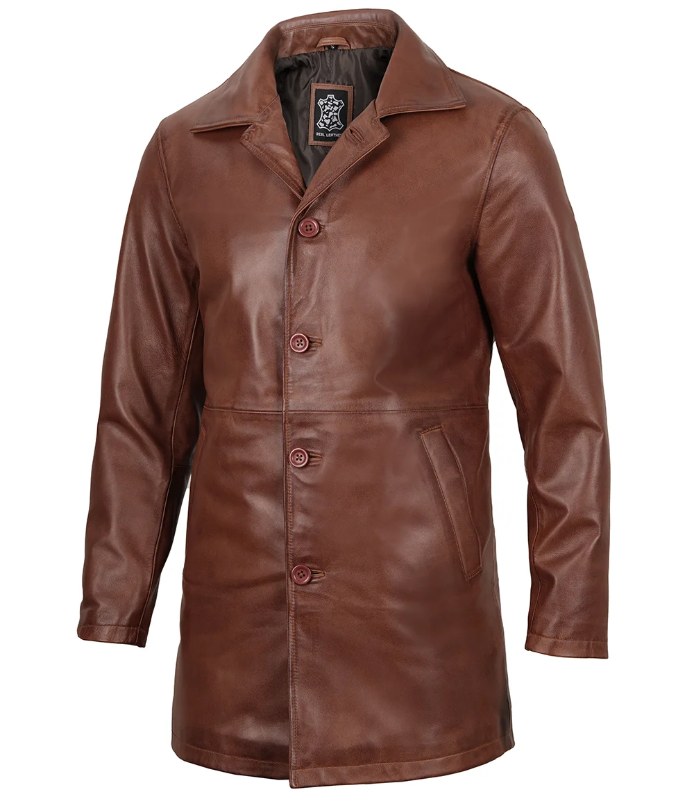 Tan Men's Distressed 3/4 Length Leather Car Coat