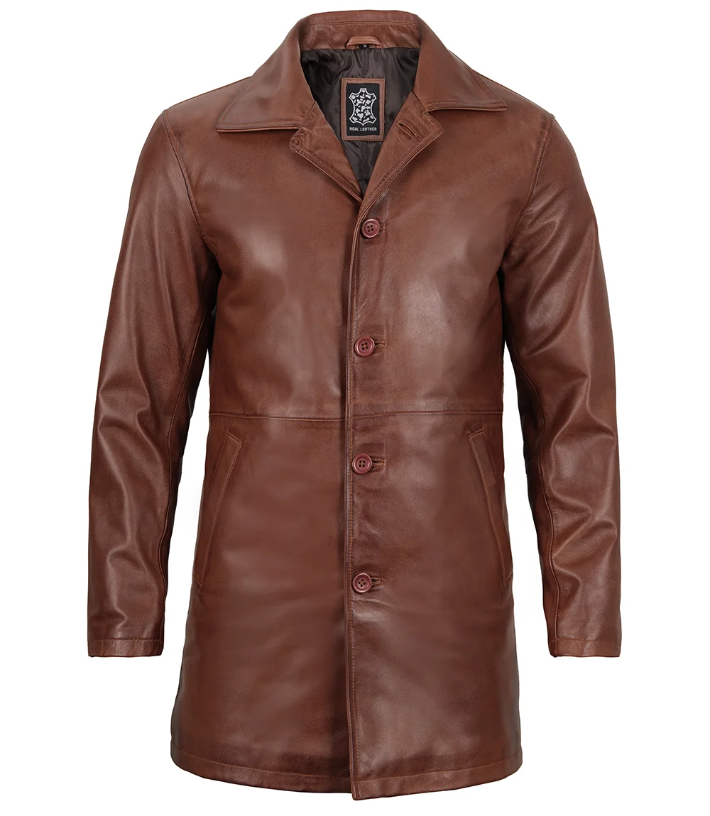 Tan Men's Distressed 3/4 Length Leather Car Coat