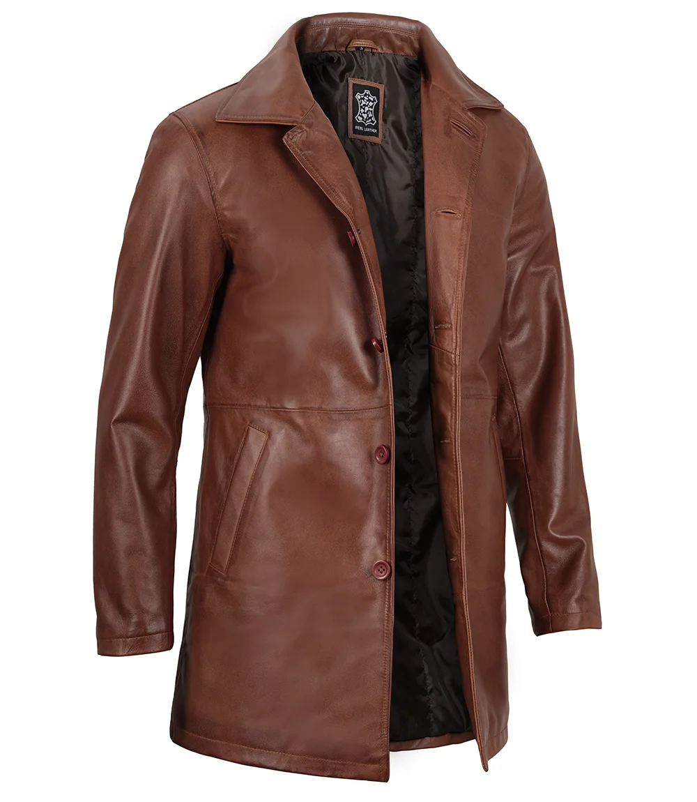 Tan Men's Distressed 3/4 Length Leather Car Coat