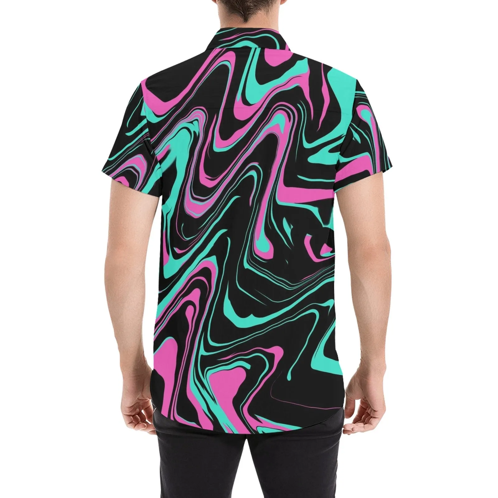 Teal and Pink Psychedelic Melt Men's Big & Tall Short Sleeve Button Up Shirt