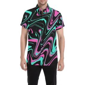 Teal and Pink Psychedelic Melt Men's Big & Tall Short Sleeve Button Up Shirt