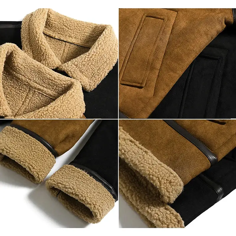 Thick Suede Leather Fleece Jacket Men Unisex Windproof High Quality Autumn Winter Warm Outwear Turn-Down Collar Patchwork Casual