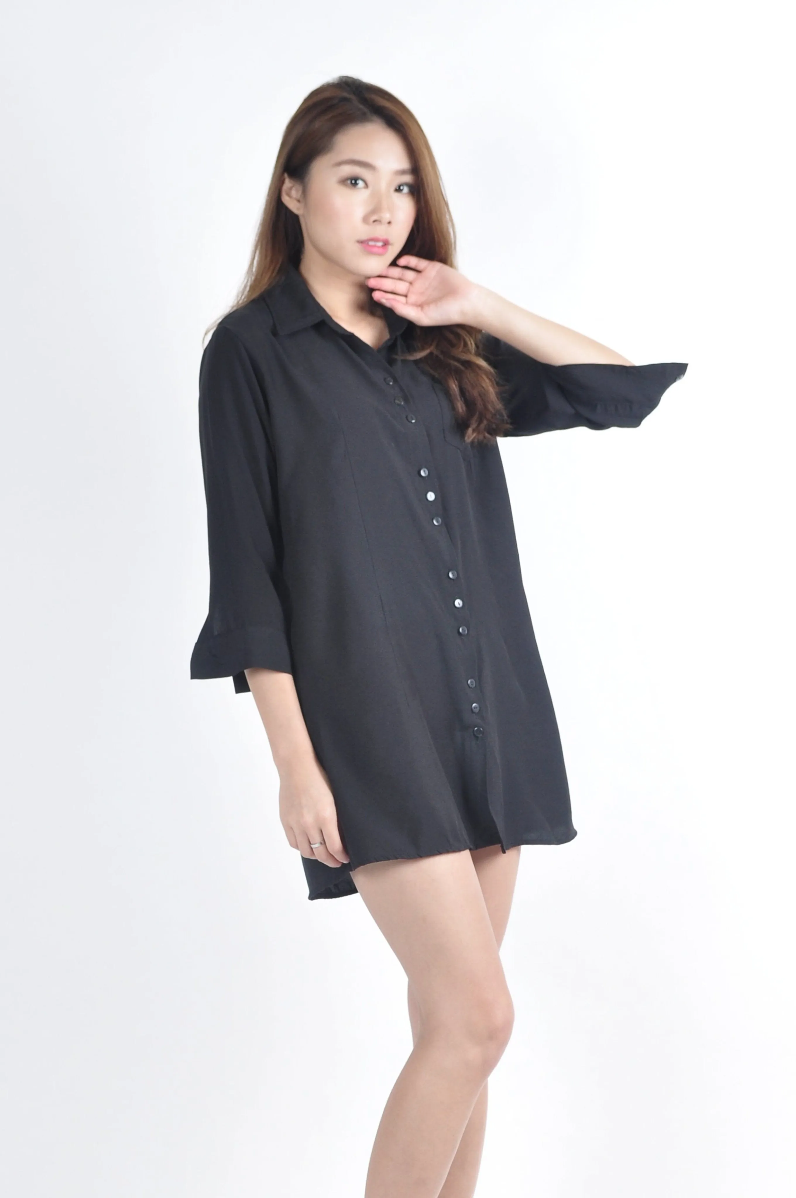 Trio Button Pocket Collared Quarter Sleeve Shirt Dress in Black