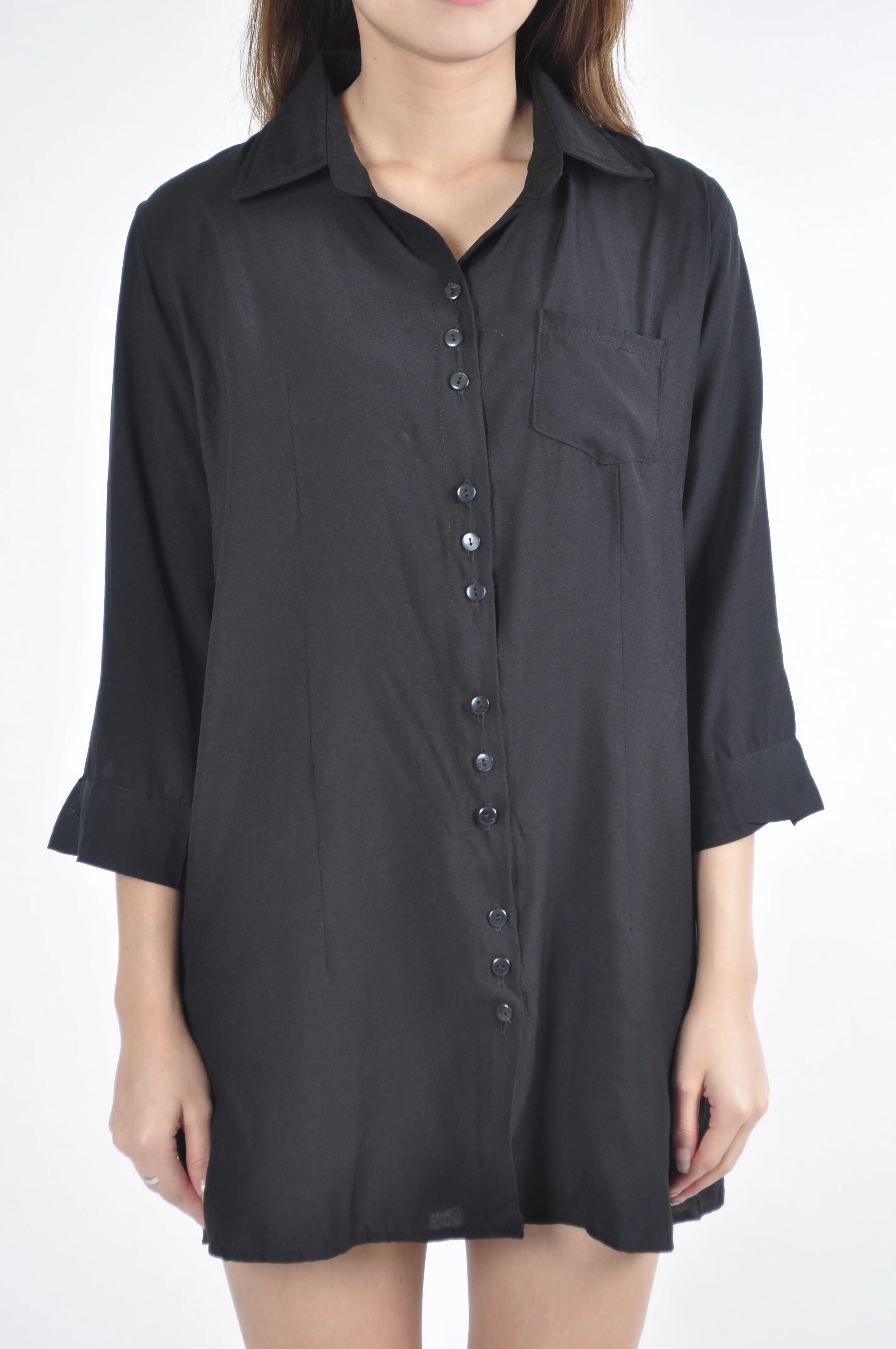 Trio Button Pocket Collared Quarter Sleeve Shirt Dress in Black