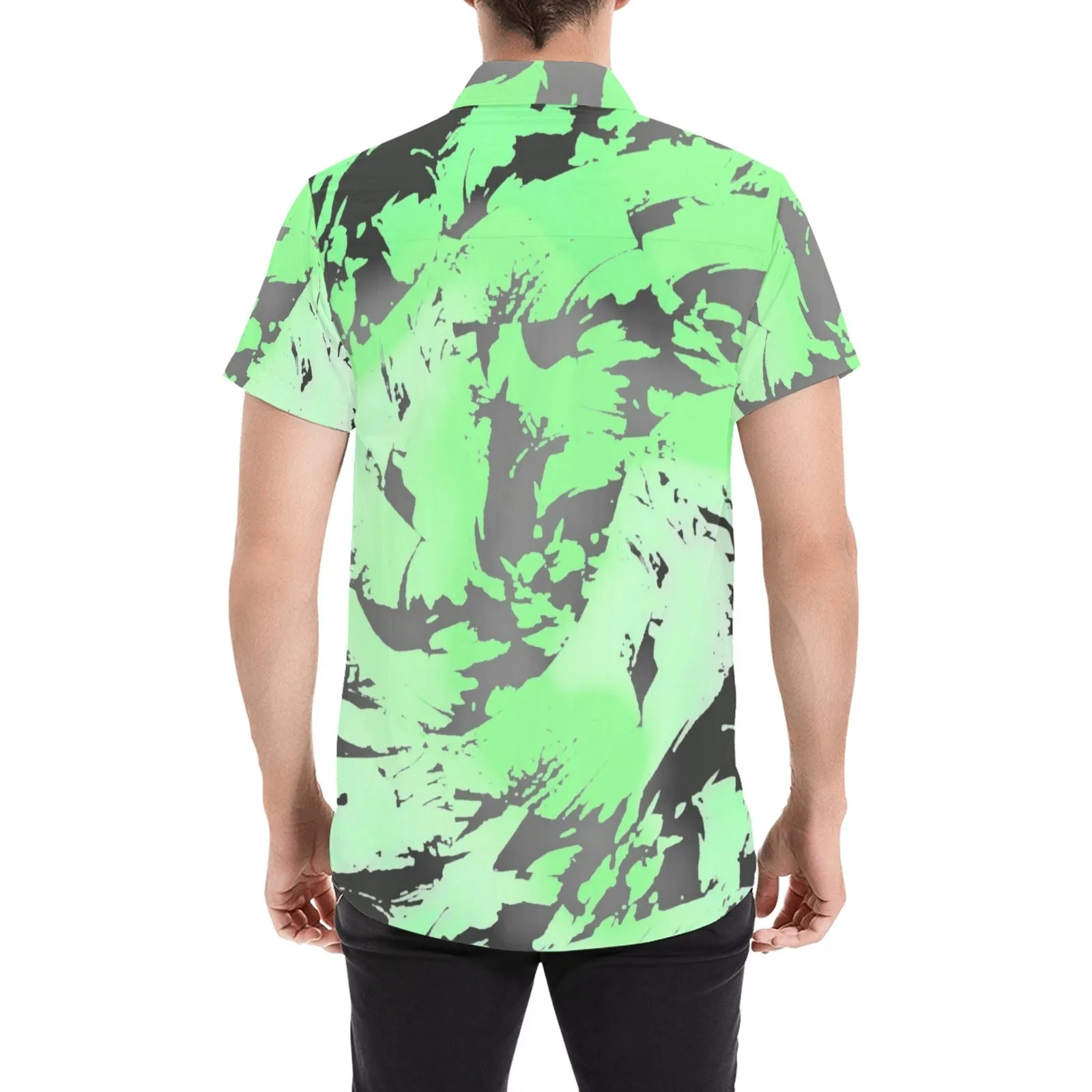 Tropical Green Ombre Graffiti Splatter Men's Big & Tall Short Sleeve Button Up Shirt