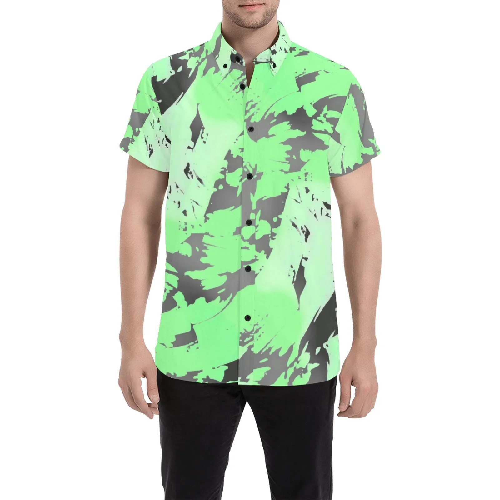 Tropical Green Ombre Graffiti Splatter Short Sleeve Button Up Shirt