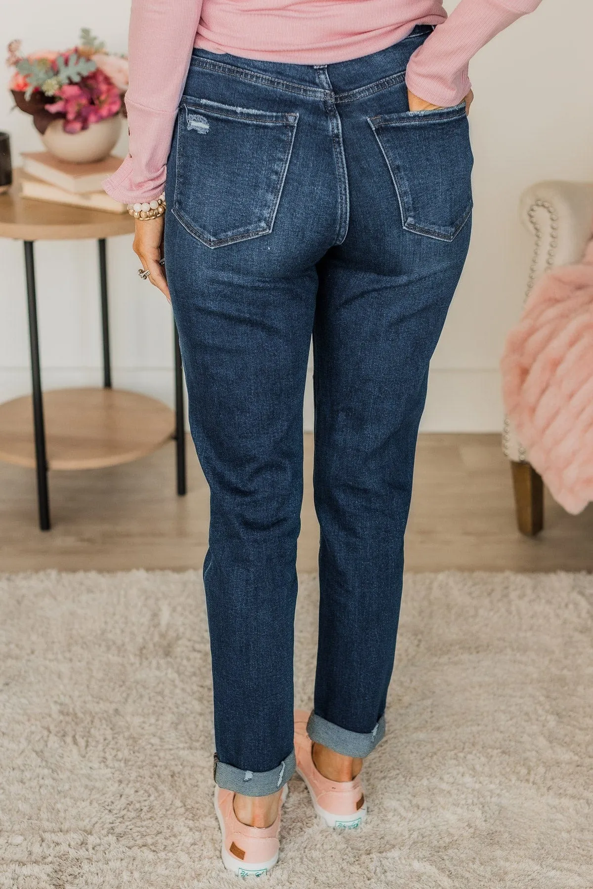 Vervet Roll Up Stretch Mom Jeans- Raelynn Wash