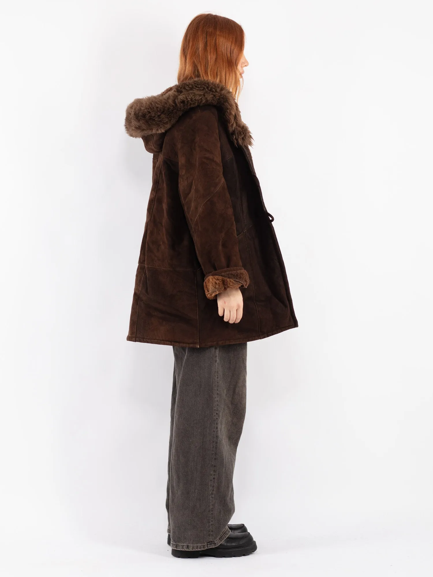 Vintage 70's Women Hooded Sheepskin Coat in Brown