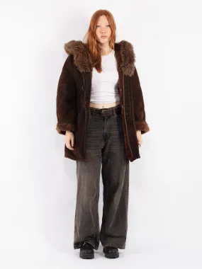 Vintage 70's Women Hooded Sheepskin Coat in Brown