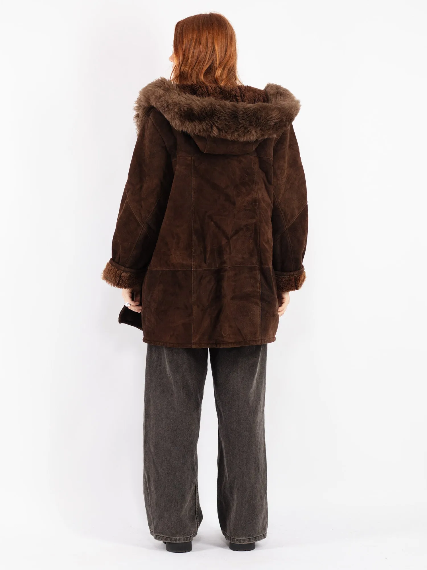 Vintage 70's Women Hooded Sheepskin Coat in Brown