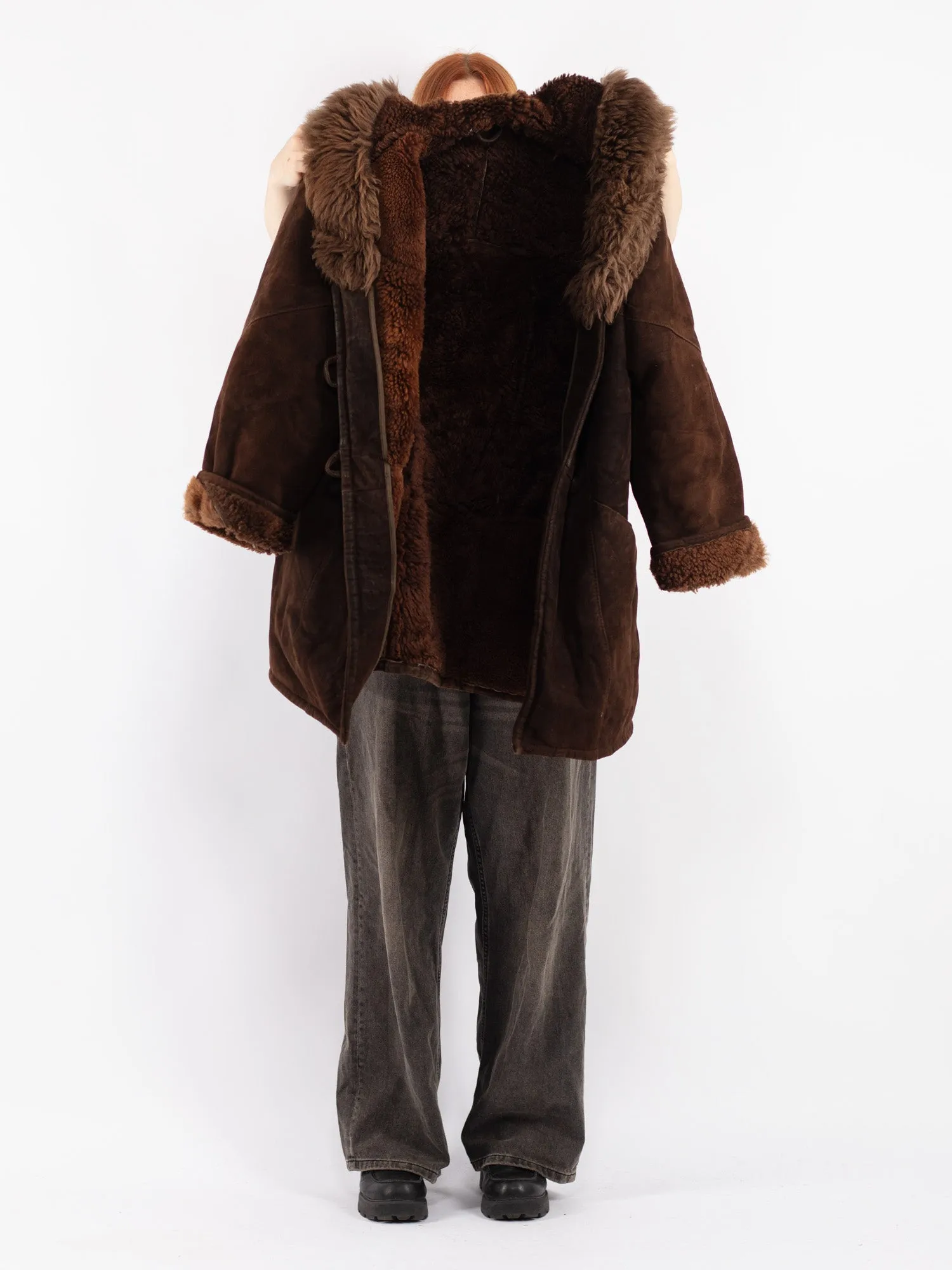 Vintage 70's Women Hooded Sheepskin Coat in Brown